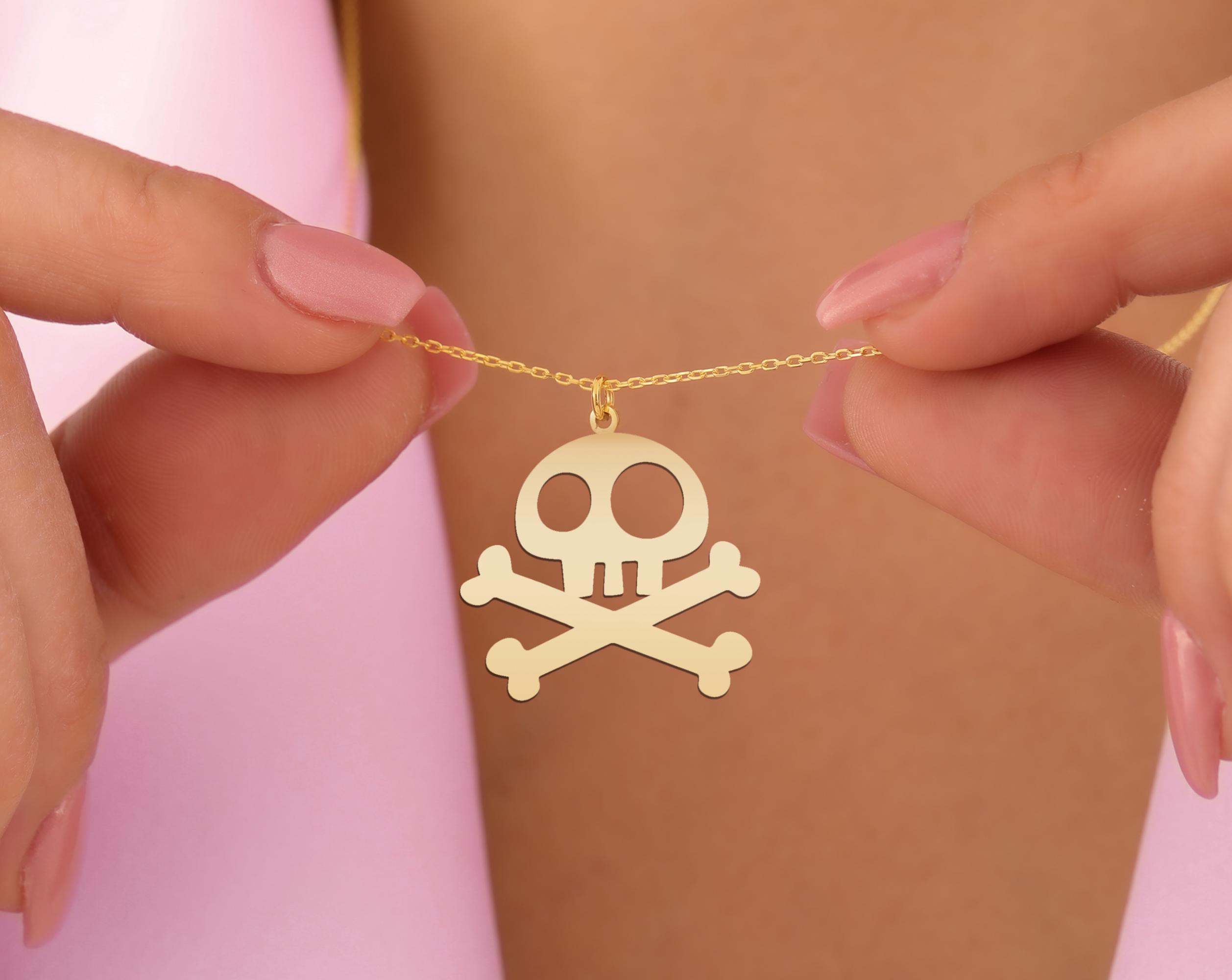 Skull Pendant Necklace - Cute Gold Plated Crossbones Charm - Fun Edgy Jewelry Gift - Pirate Symbol Necklace for Women and Teens