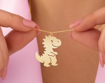 Dinosaur Necklace - Cute T-Rex Pendant in Gold Plated Silver - Fun Dino Charm Jewelry for Kids & Adults - Playful Gift Idea