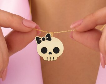 Cute Skull Pendant Necklace - Gold Plated Cartoon Charm - Kawaii Goth Jewelry Gift - Skull with Bow Necklace for Girls and Teens