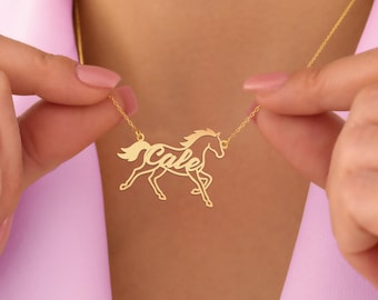 Horse Name Necklace - Personalized Gold Plated Pendant - Running Horse Jewelry Gift - Custom Name Equestrian Necklace for Her