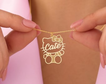 Kitty Name Necklace - Personalized Gold Plated Pendant - Cute Cat Bow Jewelry - Custom Kitty Charm Necklace