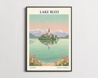 Lake Bled Slovenia Art Print: Teal Pink Vintage Travel Poster