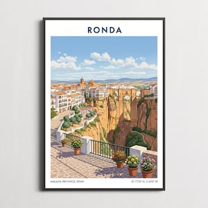 Puede incluir: Una impresión artística enmarcada de Ronda, España, que presenta una vista panorámica de la ciudad con un puente que cruza un profundo desfiladero. La impresión incluye el texto "RONDA" en la parte superior y "MALAGA PROVINCE, SPAIN" en la parte inferior.