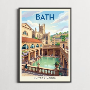 Puede incluir: Un póster de viaje enmarcado con una ilustración de los baños romanos de Bath, Reino Unido. La obra muestra la piscina turquesa, columnas de piedra y la abadía de Bath al fondo bajo un cielo azul. El texto dice BATH y UNITED KINGDOM.