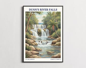 Dunns River Falls wall art print, tropical landscape, green blue decor, jamaica