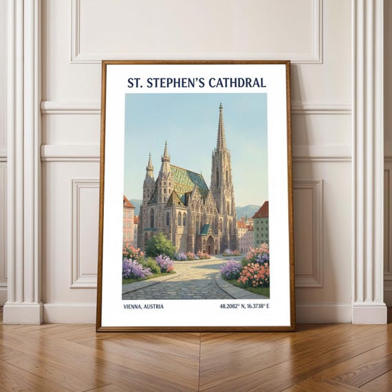 版画　ウィーン サンシュテファン寺院 ウィーン聖シュテファン大聖堂の版画：ベージュグリーンの建築芸術