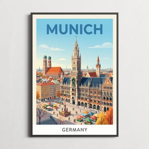 München reseaffisch, konsttryck Neues Rathaus för Tysklandsälskare, retro stadslandskapsdekor