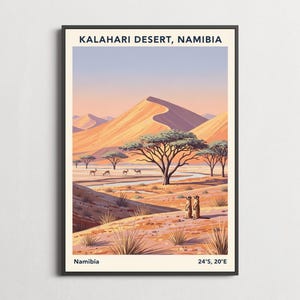 May include: A framed art print depicting the Kalahari Desert in Namibia. The artwork shows a desert scene with sand dunes, trees, and animals. The text "Kalahari Desert, Namibia" is at the top, with coordinates at the bottom.
