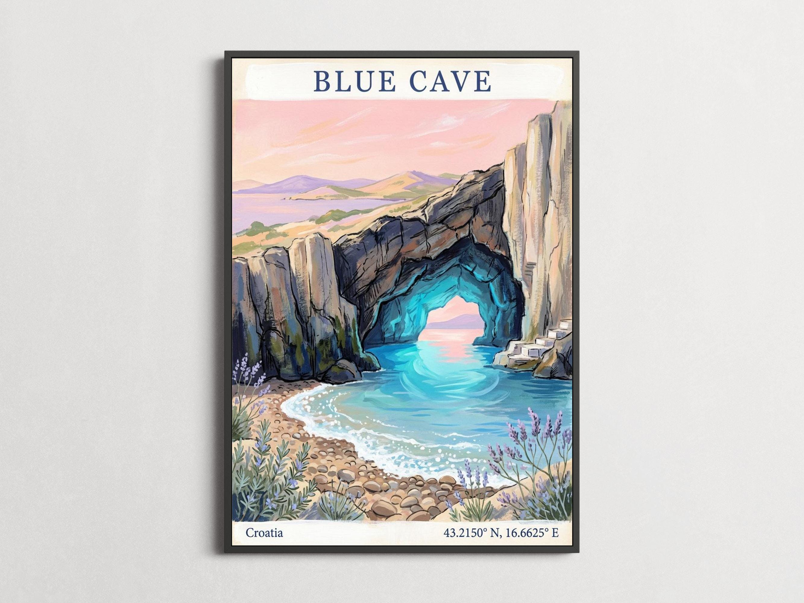 Blue Cave Hvar Art Print – Mixed Media, Blues and Pink Sky