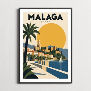 Malaga Poster, Bauhaus-inspired wall art, Mediterranean blue and mustard
