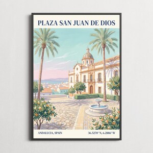 Op de afbeelding: Een ingelijste prent van Plaza San Juan de Dios in Andalusië, Spanje. Het kunstwerk toont een plein met een fontein, palmbomen en een gebouw met een koepel. Bovenin staat de tekst "PLAZA SAN JUAN DE DIOS".