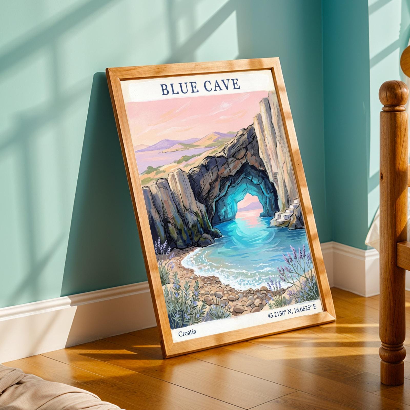 Blue Cave Hvar Art Print – Mixed Media, Blues and Pink Sky