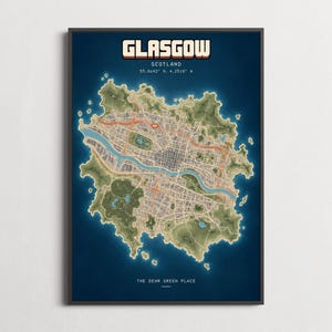 May include: A framed wall art print featuring a stylised map of Glasgow, Scotland. The map displays a detailed urban grid, a winding river, and green terrain against a dark blue background. Text includes GLASGOW, SCOTLAND, coordinates, and THE DEAR GREEN PLACE.