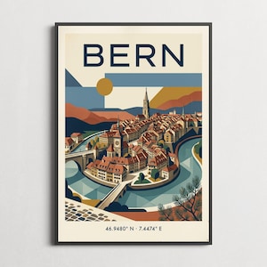 Reseposter för Bern, Schweiz, Bauhaus-inspirerad väggkonst, modern vintageposter
