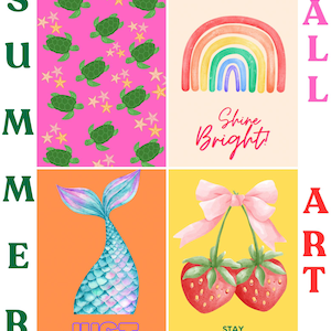 Set of 4 Summer Digital Prints – Beach Wall Art Bundle, Boho & Tropical Poster Set, Coastal Decor, Instant Download