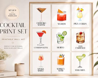 Set med cocktailkonsttryck – Vintage bardekor (digital nedladdning)
