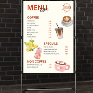 Menù modificabile per bar - Modello Canva, Listino prezzi stampabile per bar, Menù moderno per barista o bar caffetteria