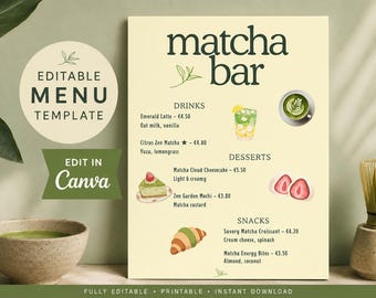 Editable Matcha Bar Menu Template, Minimalist Cafe Drink Menu (Canva)