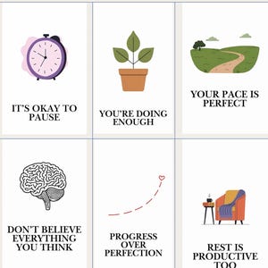 May include: Wall art set with six minimalist designs. Includes a clock, plant, path, brain, upward curve, and armchair. Each design has a motivational phrase: "It's Okay to Pause," "You're Doing Enough," "Your Pace is Perfect," "Don't Believe Everything You Think," "Progress Over Perfection," and "Rest is Productive Too."