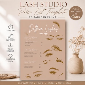 May include: A beige digital price list template for a lash studio titled Dollface Lashes. The design features line art illustrations of eyes with long lashes, text listing service prices, and icons for save time, easy to edit, and instant download.