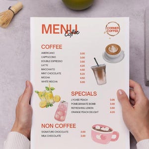 Bearbeitbare Coffee Shop-Menüvorlage - Druckbare Café-Menü Canva - Modernes Kaffee-Menü-Design - Small Business Branding