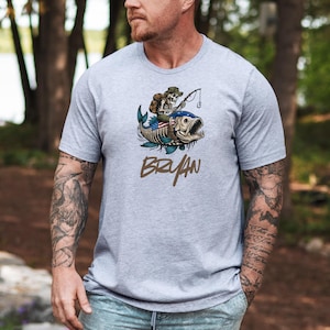 Skeleton Fisherman Tee, Personalized Father&#39;s Day Fishing Shirt, Bass Fisherman Gift, Funny Dad Shirt, Fishing Lover Top, Dad&#39;s Birthday