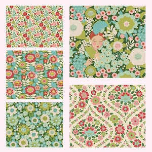 Tilda Wallflower Green 5 Fat Eighths 25cm x 55cm (10&quot; x 22&quot;) cotton quilt fabric