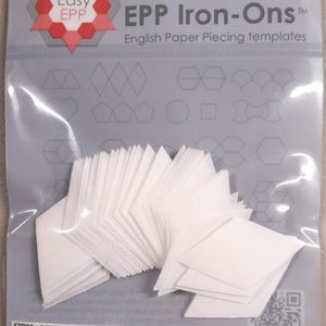 May include: A packet of white diamond-shaped English Paper Piecing (EPP) templates. The packet reads "EPP Iron-Ons" and "1 inch 60° Diamond". The templates are for quilting projects.