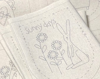 Sunny Days pre-printed bunting embroidery stitchery panel 7 flags cotton linen fabric   The Birdhouse Designs