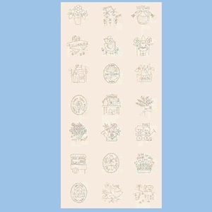 May include: A sheet of 20 black and white line drawings of various garden-themed illustrations. The illustrations include a birdhouse, a watering can, a gnome, a flower pot, a wheelbarrow, and a bird feeder.