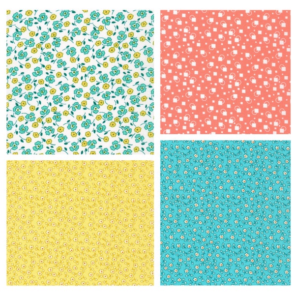 Little Blossoms 1930's reproductions teal orange florals -  4 Fat Quarters 50cm x 55cm (20 x 22") Kaufman cotton quilt fabric