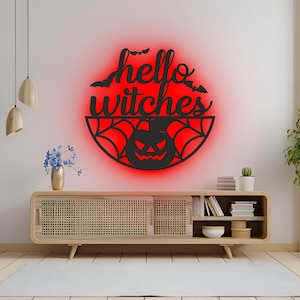 Hello Witches RGB-LED-Wandschild - Gruseliges beleuchtetes Halloween-Dekor für Tür und Veranda, Haunted House-Party oder Eingangsbereich