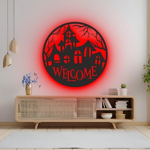 Willkommen RGB LED Wandschild - Gruseliges Licht - Halloween Tür & Veranda Dekor, Spukhaus-Party Display oder Eingangsbereich Akzent