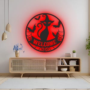 Welcome RGB LED Wall Sign – Spooky Light-Up Halloween Door & Porch Decor, Haunted House Party Display or Entryway Accent