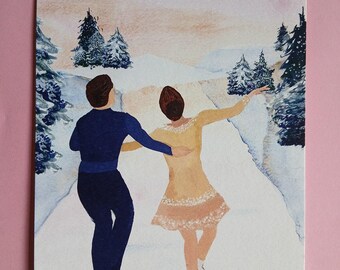 May include: Watercolor painting of a couple ice skating on a snowy path. The man wears a navy blue outfit, and the woman is in a yellow dress. Evergreen trees line the path, and the sky is a soft pink.
