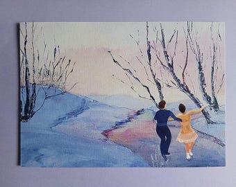 May include: An original painting depicts a couple ice skating on a frozen pond. The artwork features a blue and pink color palette, with leafless trees in the background. The couple is wearing blue and yellow clothing.