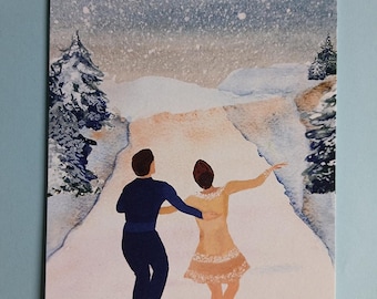 May include: Watercolor illustration of a couple ice skating on a snowy path. The man wears a navy blue outfit, and the woman wears a yellow dress. Snow-covered trees line the path, and a snowy sky fills the background.