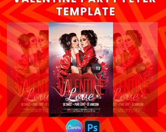 Valentine Party Flyer Template: Editable Canva & Photoshop (Instant Download)
