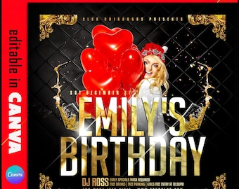 May include: A black and gold birthday party invitation with a photo of a woman holding red heart balloons. The text on the invitation reads "Emily's Birthday" and "Club Chiringos Presents".