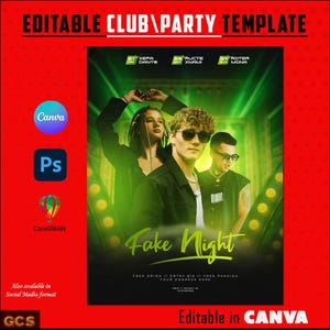 May include: A green and black poster with the text "Fake Night" in white. The poster features three people in front of a green background with yellow lights. The text "Free Drink // Entry $10 // Free Parking" is at the bottom of the poster.