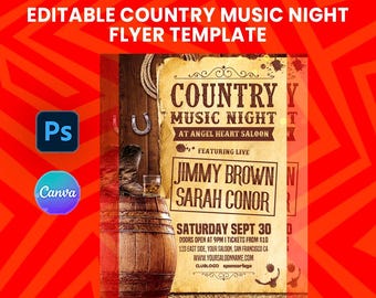 Country Music Night Flyer Template | Western Event Poster | Editable Canva & Photoshop PSD