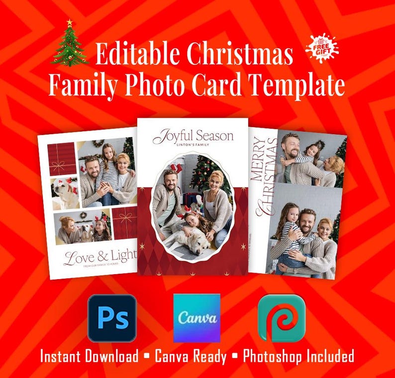 Editable Christmas Family Photo Card Template | Canva & Photoshop ...