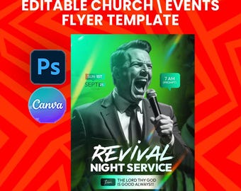 Revival Night Church Flyer Template | Editable Canva, Photoshop PSD