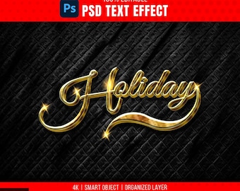 May include: A gold text effect with the word "Holiday" in a stylized font. The text is on a black textured background.