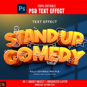 Stand-Up Comedy PSD Text Effect | Editable 3D Funny Title Style | Bold Cartoon Text Layer for Photoshop | 4K Smart Object Design