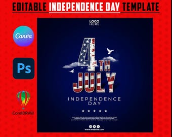 May include: A digital graphic design template for Independence Day, featuring the text "4th July" in red, white, and blue, with a starry sky background. The design includes the text "INDEPENDENCE DAY" and is available in social media format.