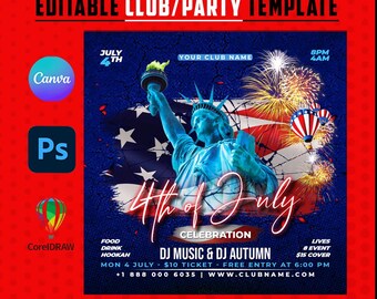 May include: A red, white, and blue 4th of July party template. The design features the Statue of Liberty, fireworks, and the text "4th of July Celebration." The template is editable in Canva and available in social media format.