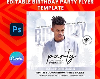 Editable White Birthday Party Flyer Template | (Canva, Photoshop | Digital Download)