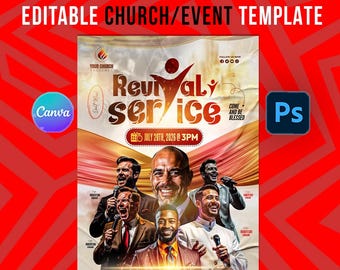 Revival Church Service Flyer Template: Editable Religious Event Poster (Canva & Photoshop, Instant Download)