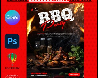 May include: A red and white poster with the text "BBQ Party" in a distressed font. The poster features a photo of grilled chicken wings on a plate with flames in the background. The text "Editable in CANVA" is at the bottom of the poster.